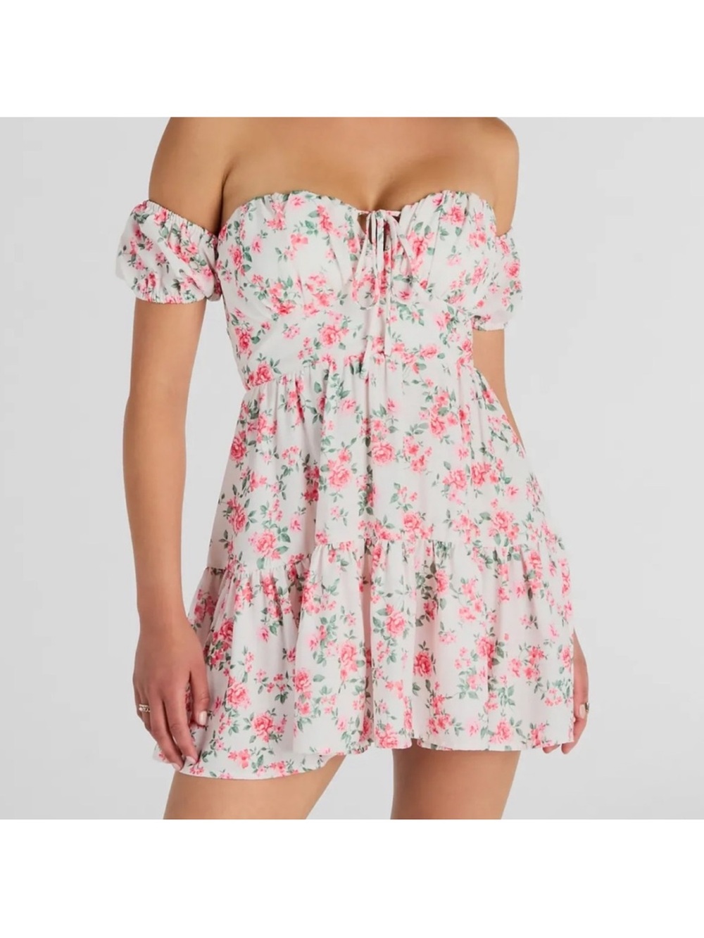 Off-Shoulder Windsor Pink Floral Mini Dress